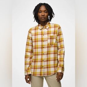 Prana Women's Yellow and Brown Plaid Button Down Shirt
